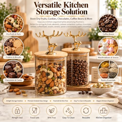 Image of bellemax 500ML Smoky Brown Glass Storage Jar with Airtight Bamboo Lid | Decorative Kitchen Storage Containers for Dry Fruits, Cookies, Candy, Snacks, Coffee, Tea, Sugar & Spices Set of 2