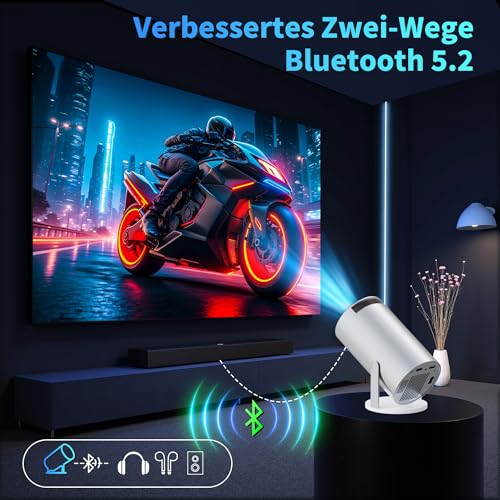 Beamer 4K Projektor Full HD 1080P【2026 Modell】 Mini Beamer mit WiFi 6 und Bluetooth 5.2, Android Tragbarer Projector 270° Dreh mit Auto Keystone für PC/HDMI/USB，mit Maus und Fernbedienung, Weiß