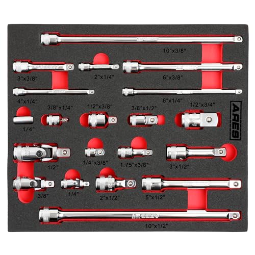 Image of ARES 40003-20-Piece Socket Accessory Set - Premium Chrome Vanadium Steel with Mirror Finish - Includes Socket Adapters, Extensions and Universal Joints