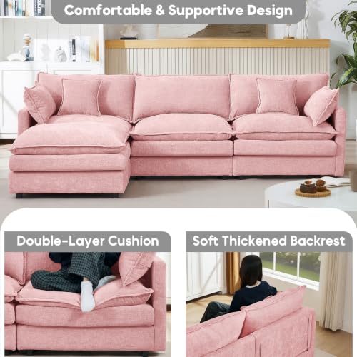 Image of 110.5 inch L Shaped Modular Sectional Sofa, Comfy Upholstery Chenille Cloud Couch with Ottoman, Modern 4-Seat Deep Seat Sofa with Pillow for Living Room, Bedroom, Apartment, Pink