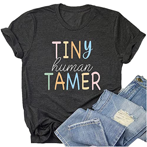 Teacher Shirts for Women - Kindergarten & Elementary School Teaching Tee Funny Tiny Human Tamer Graphic Tees Tops