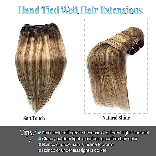 Image of Weft Hair Extensions Human Hair,24 Inch 120G Sew in Hair Extensions Real Human Hair Bundles Natural Black and Blonde Highlights Hair Extensions Real Human Hair Weft Extensions Weave Bundles for Women