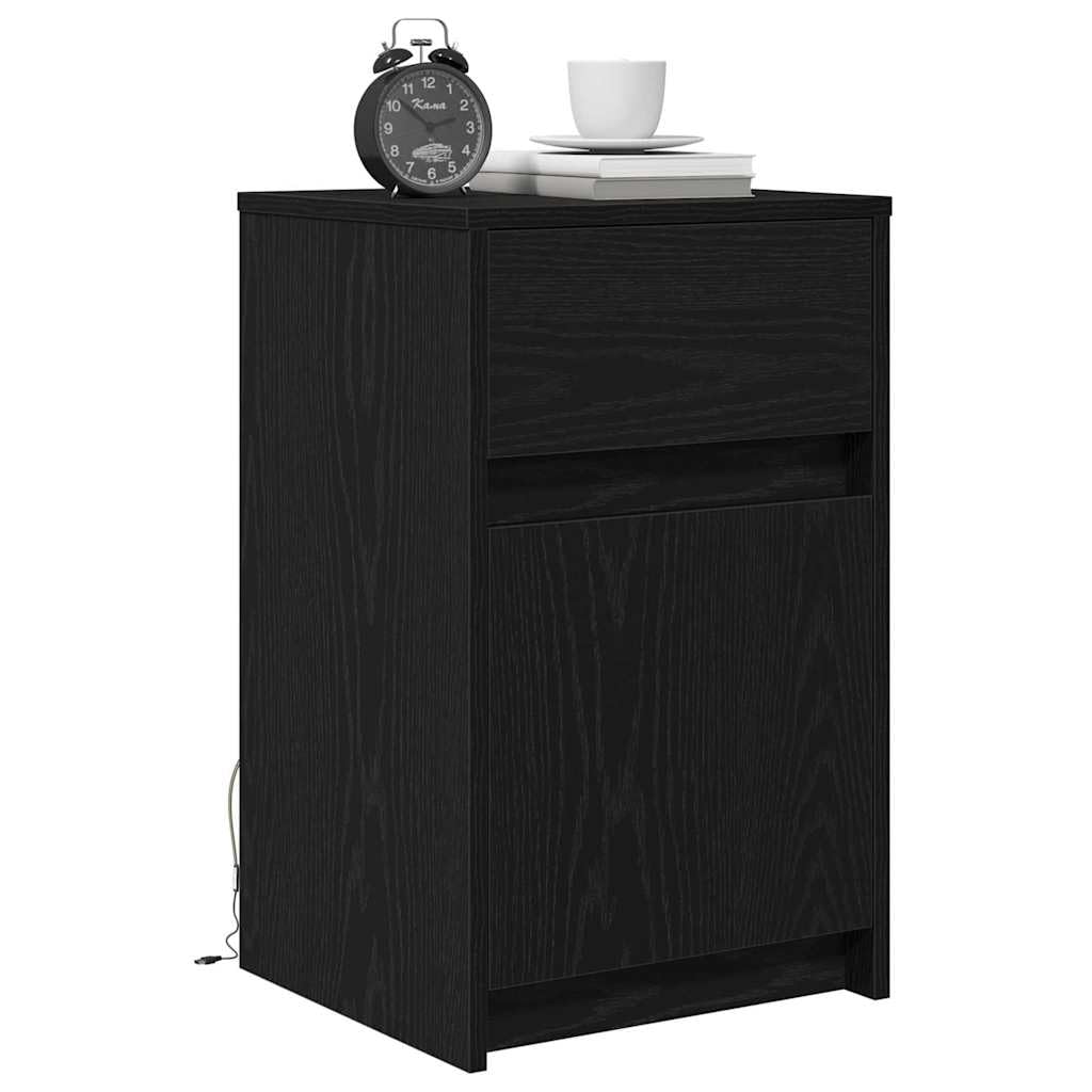 LED Nachttisch 2 Stück Schwarz Eichen-Optik 38 x 34 x 61 cm mit Schubladen und Stauraum, Holzwerkstoff Nachtschrank für Schlafzimmer, Wohnzimmer, Kinderzimmer, USB LED-Lichterketten