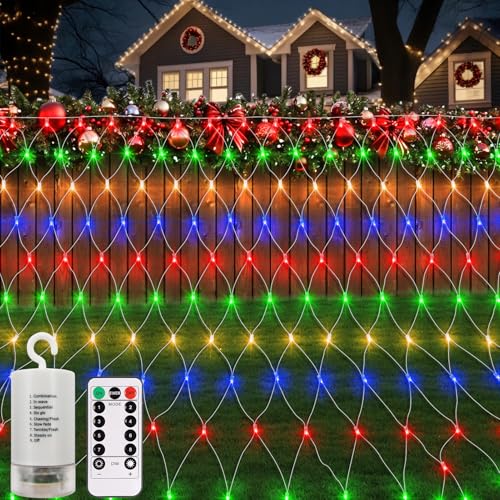 CCILAND 3M x 2M Battery Net Lights, 200 LED Mesh Lights with Remote 8 Modes Timer Dimmable Fairy String Lights Outdoor Waterproof for Bush Garden Patio Tree Decor (Multicolour)