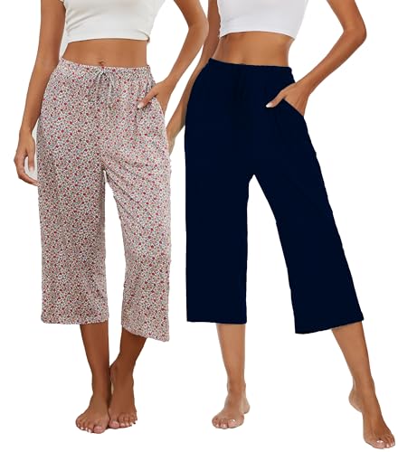 Image of Kabento 2 Pack Womens Pajama Pants Capri Sleep Lounge Pants Drawstring Pj Bottoms with Pockets