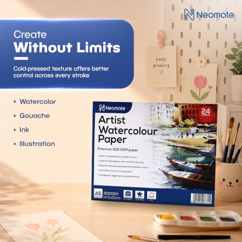 Image of Neomate Artists Watercolour Paper | 300 GSM, Size A5, Cold Pressed | Pack of 24 Sheets | Ideal for Artist, Professional Drawing, Painting Dry & Wet, Fine Arts Students