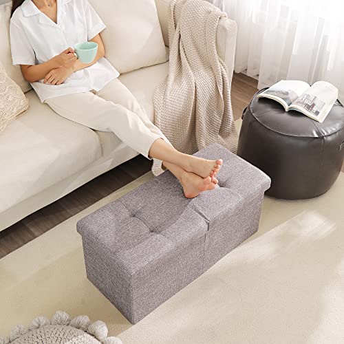 Image of Storage Ottoman Bench Foldable Footrest Foot Stool, 30 inch Fabric Gray | Small Ottoman Foot Rest Seat Shoe Bench Flip-Top forliving Room End of Bed Bedroom Couch Dorm, 80L Folding Upholstered Chair