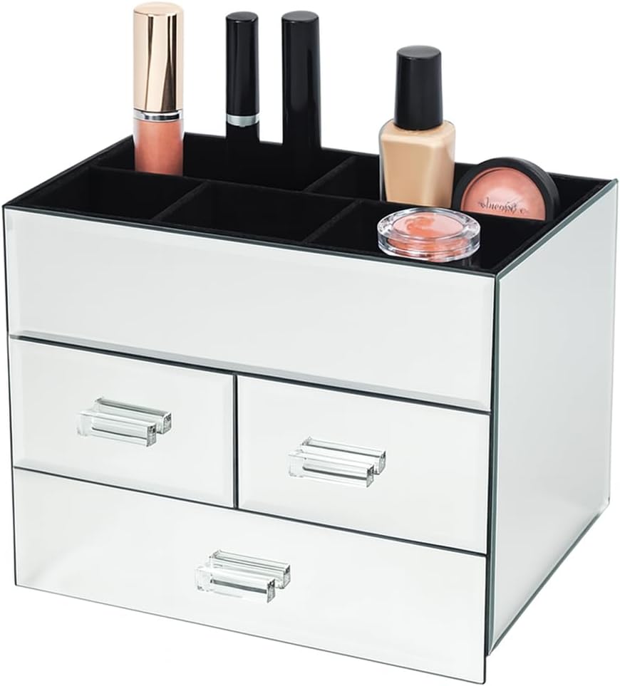 OnDisplay Miro 3 Drawer Mirrored Glass Makeup Organizer – Tiered Cosmetic Storage Box with Velvet Lined Compartments, Crystal Handles & 3 Pull Out Drawers for Vanity, Jewelry & Brushes (Silver)