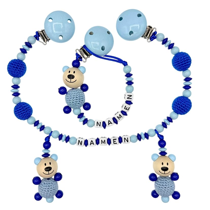 Set Nuckelkette + Kinderwagenkette mit Namen " 3D - BÄR MIT HÄKELKÖRPER " Babyblau Dunkelblau/Baby/Unisex/Personalisiert/HANDMADE