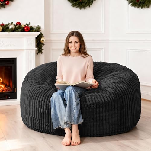 Image of HABUTWAY 4FT Bean Bag Chair, 4' Large Bean Bag Chairs for Adults with Removable Stripe Plush Cover, Memory Foam Beanbag Chair for Living Room Bedroom Dorm (Black)