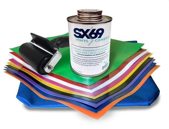 Deluxe Pro Vinyl Repair Patch Kit for Inflatables with 9 8" x 8" Patches (Red, Orange, Yellow, Blue, Green, Indigo, Violet, White, Black), 4-Ounce SX-69 Vinyl Adhesive, and Silicone Seam Roller