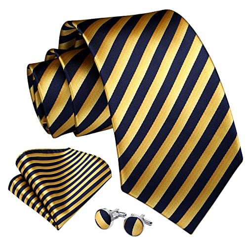 Image of Enlision Mens Ties Stripe Tie and Pocket Square Set Classic Formal Woven Neckties Handkerchief Cufflinks Wedding