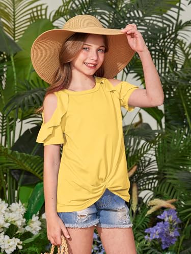 Image of BesserBay Girls Cold Shoulder Tops Twist Front Tunic Ruffle Sleeve Summer Blouses 5-14 Years