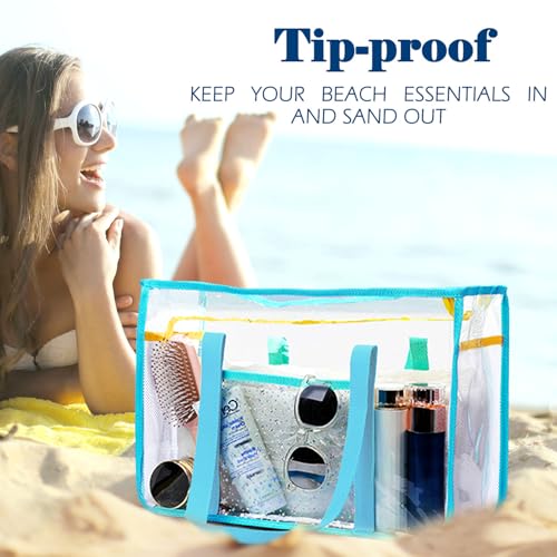 Image of Fammart Clear Beach Bag for Women, Large Pool Tote Cruise Vacation Essentials - Zipper Closure, Waterproof, Sandproof