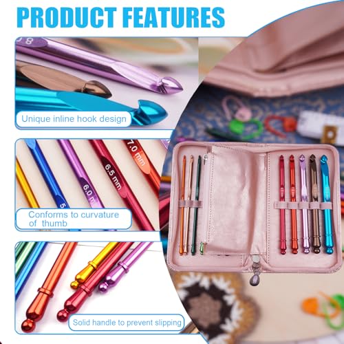 Image of Mdoker Inline Crochet Hook Set with Case Aluminum Ergonomic Crochet Hooks,Non-Slip Hooks for Arthritic Hands,Nice Gift for Women,3mm-10mm
