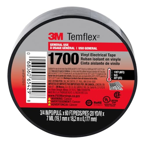 3M Temflex 1700 Vinyl Electrical Tape, 3/4 inch x 60 feet, Black – General Purpose Insulating Tape for Wire Harnessing, Splicing, and Protective Jacketing