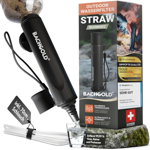 Bachgold Straw Wasserfilter Outdoor Survival Entfernt 99 99% Viren Bakterien & Protozoen 2-Stufen Elektroadsorption mit 70 cm Schlauch Ultraleicht für Camping Wandern & Notfall Schwarz