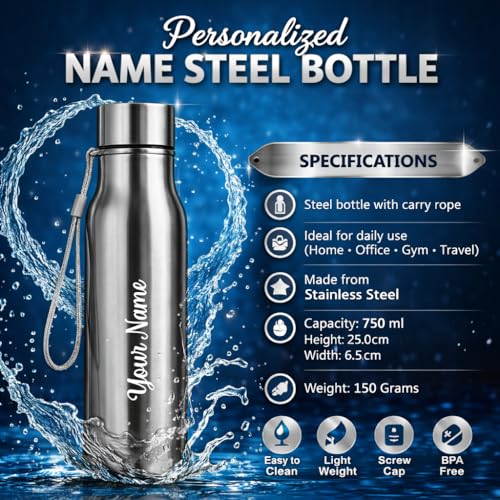 Image of Giftana Personalized Name Water Bottle 750ml, Birthday Gifts (Silver 1)