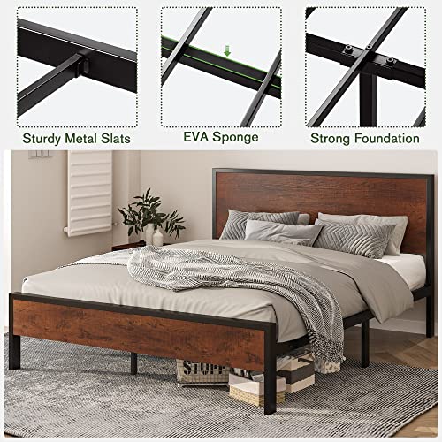 Imusee Queen Size Bed Frame With Wood Headboard And Footboard Platform, Heavy Duty Metal Frame With 12" Under Bed Storage, No Box Spring Needed, Noise Free, Walnut #TOP5