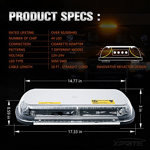 Xprite 44 Led 17 Inch High Intensity Law Enforcement Emergency Hazard Warning Flashing Car Truck Construction Led Roof Top Mini Bar Strobe Light With Magnetic Base (Blue) #TOP6