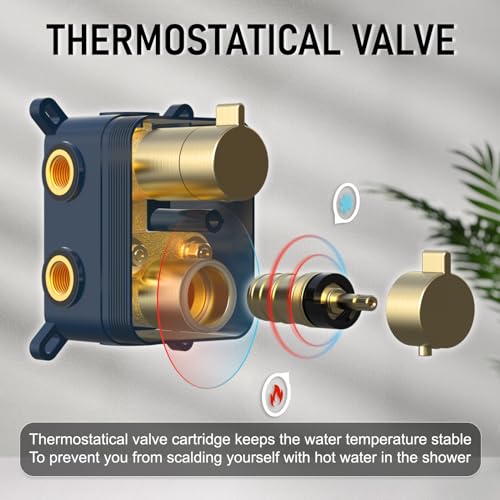 Image of Iriber Thermostatic Shower System Wall Mount with 10 Inch Roud Rainfall Shower Head and Handheld,Shower Faucet Mixer Trim Kit (Valve Included),Brushed Gold