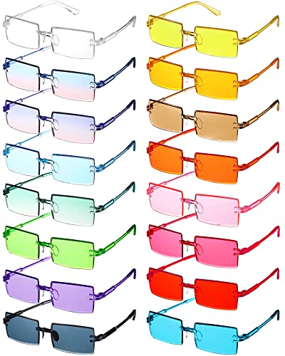 LEIFIDE 16 Pairs Rimless Rectangle Sunglasses Vintage Frameless Sunglasses Transparent Candy Color Glasses Tinted Retro Square Eyewear for Women Men, 16 Colors