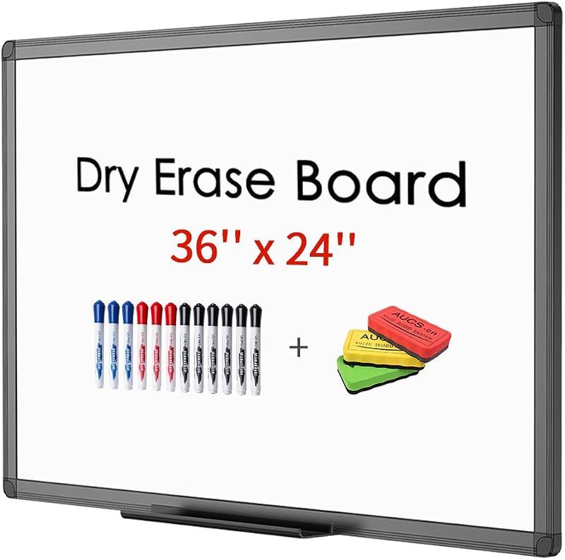 VIZ-PRO Magnetic Dry Erase White Board 36 X 24 Inches, Black Aluminium Frame, with 3 Colored Erasers and 12-Count Markers