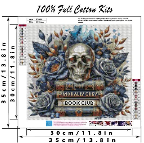 Image of Skull Stamped Cross Stitch Kits Skull and Book Cross Stitch Patterns,Dimensions Cross Stitch Kits Embroidery Kit Arts and Crafts for Beginners 13.7x13.7 inch