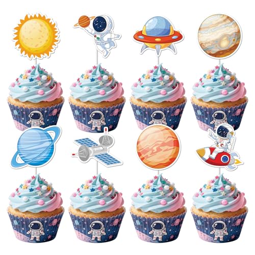 40Pcs Space Cupcake Toppers, Solar System Galaxy Universe Planets Cupcake