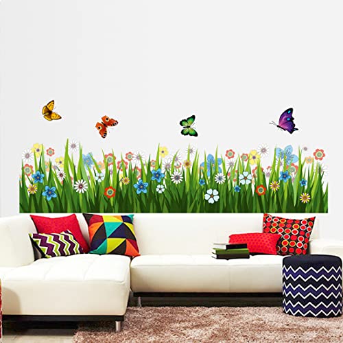 Image of Rangoli 'Walking in The Garden Flower' Wall Sticker | New Modern Art Butterflies Flying Over Grass | Large Reusable Self-Adhesive Sticker (PVC Vinyl, 70 cm x 50 cm), Multicolour