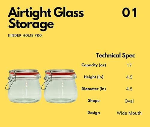 Miniatura 2 de Juego de 2 tarros herméticos de vidrio de boca ancha con tapa 17oz 0.5 litros de vidrio transparente para cocina, organizador de despensa. Mantén