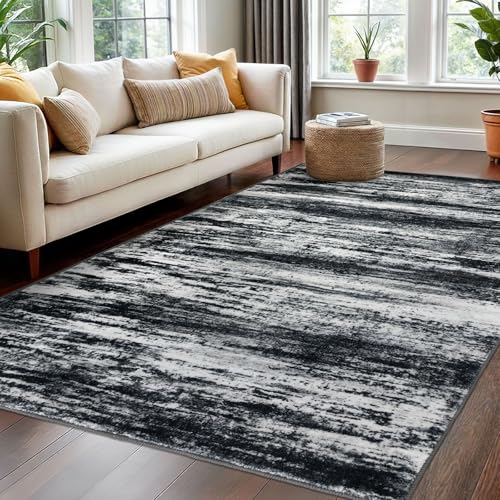 KOZYFLY Washable Area Rug 5x7 Modern Ombre Living Room Thin Rug Non-Slip Soft Striped Area Rug for Bedroom, Black Navy Blue Grey Abstract Carpet for Laundry Kid Room