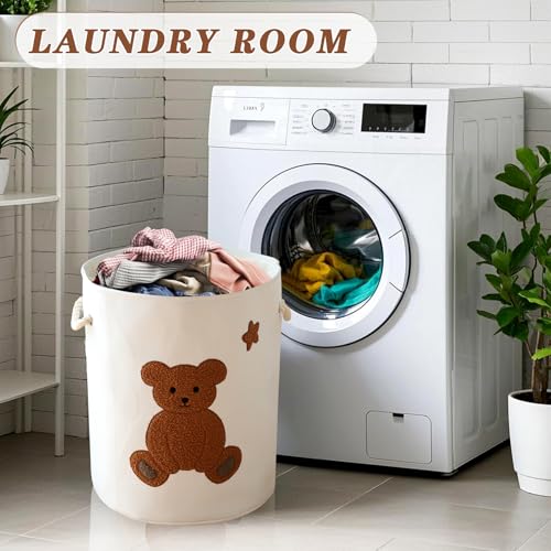 Image of Large Laundry Basket Teddy Bear Hamper for Dirty Clothes, 58L Baby Hamper for Boys, Kids Toys Blanket Storage Basket Toy Organizer Canvas Laundry Hampers with Lid, Nursery Home Decor, Bear