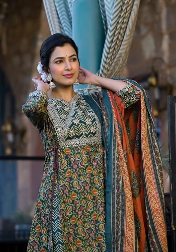 Image of MIRCHI FASHION Women Cotton Printed and Embellished Jaipuri Kurti Set with Pant with Dupatta
