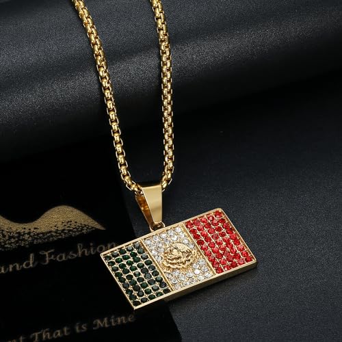 18K Gold Plated Mexico Flag Pendant Punk Rock Stainless Steel Necklace, 24 Inch Chain Hip Hop Jewelry Gift for Men Women3