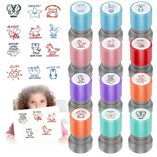 Selbstfärbende Lehrer Stempel 12 Stück Stempel Lehrer Selbstfärbender Motivationsstempel Lehrerstempel Lob Ermutigung Kinder Bunte Cartoon Lob Deutsch Stempels für Bildung Belohnung Motivation