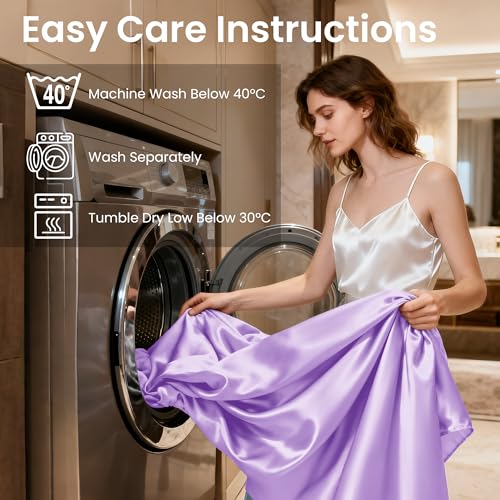 Image of Love's cabin Satin King Sheet Sets - 4 Piece Lavender Silky Sheets King Size Bed with Deep Pocket, Luxury Silk Feel King Size Satin Sheet Set (1 Flat Sheet,1 Fitted Sheet,2 Pillow Cases)