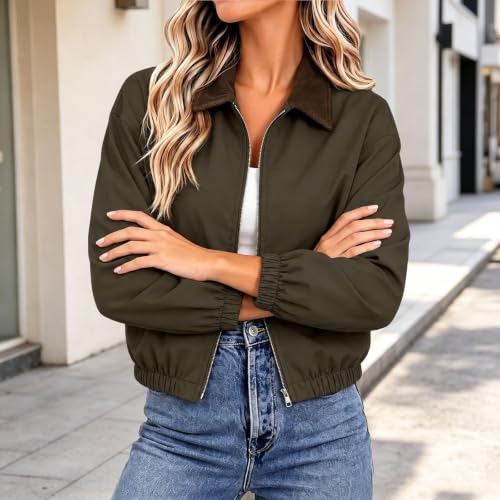 Womens Bomber Jacket Cropped Corduroy Collar Zip Up Pockets Lightweight - image 6