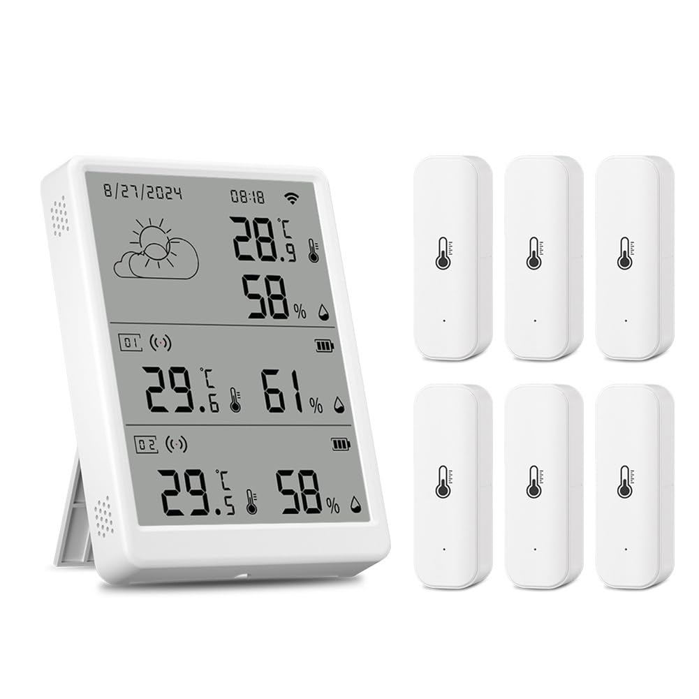 Vjsujehgy Tuya WiFi Weather Station Digital Forecast Screen with6 WiFi+RF433 Sensors Thermometer Hygrometer Support Voice Control