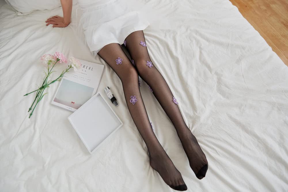 Calze a Rete da Donna Calze da Donna Sexy con Fiori Ricamati alla Moda Calze Trasparenti Traforate Calze a Compressione Sottili (Nere) (Nero Q)