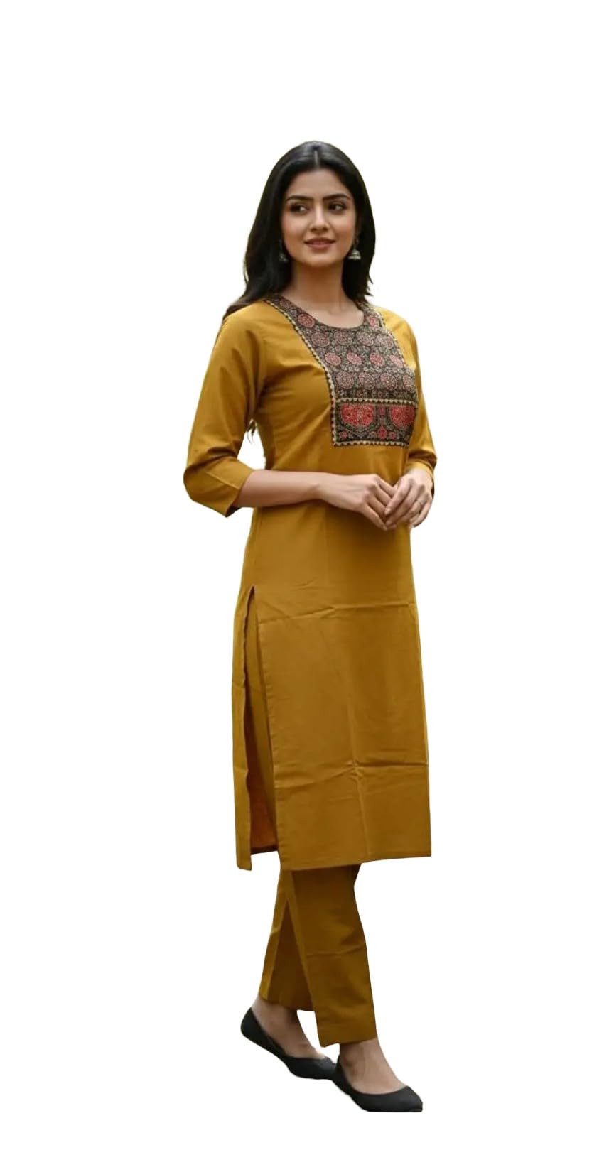Women Mustard Yellow Straight Kurta with Pant, Embroidered Yoke Detail, 3/4 Sleeves, Side Slits
