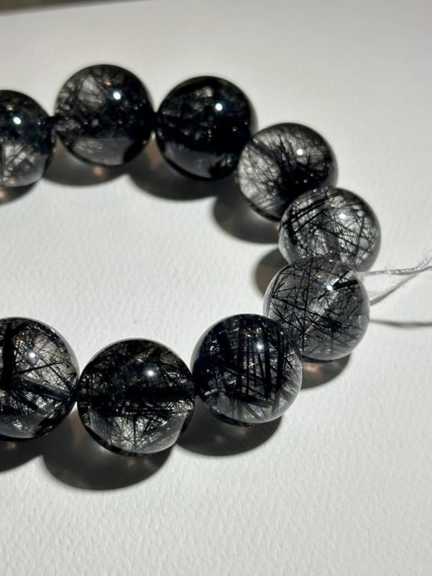 Natural Black Rutilated Quartz Gemstone 19.5mm Energy Stretch Bracelet
