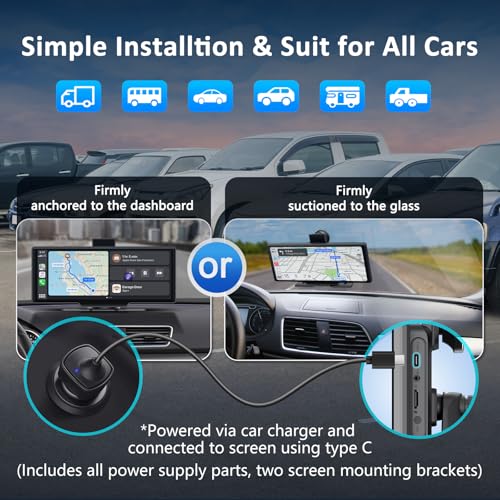 Image of Apple carplay & Android Auto,Wireless Double din 10.26 inch Dash Cam with Front Camera and Backup Camera.GPS Navigation,Mirror Link /Voice Control /Bluetooth for Car RV Pickup Bus Trailer.etc