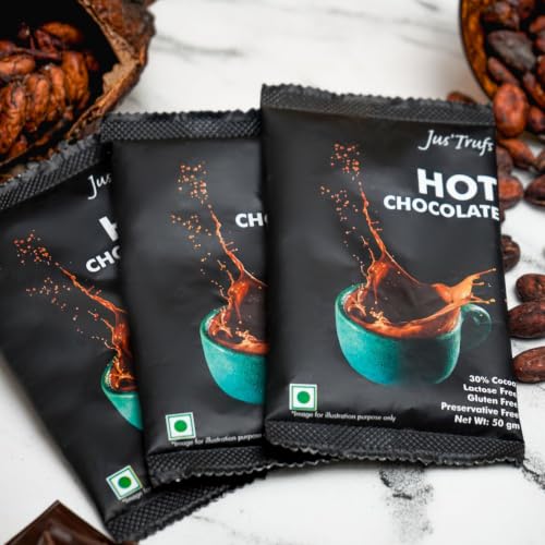 Image of Jus'Trufs Hot Chocolate Mix | 30% Cocoa Premium Dark Drinking Chocolate | Less Sugar, Vegan, Lactose Free, Gluten Free | Serve Hot or Cold | Pack of 3 (50g Each)