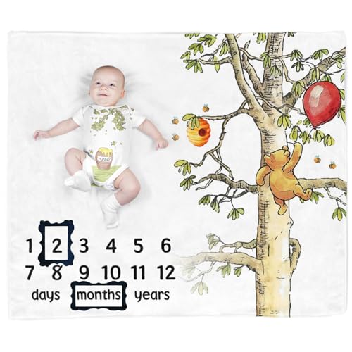 Image of Pooh Bear and Honey Baby Monthly Milestone Blanket - Gift Stuff for Newborn Boy & Girl - Photo Taken - Age Blanket with 2 Frame