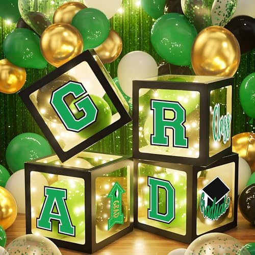 Image of Party Spot！2026 Green and Gold Graduation Party Decorations,124 PCS Graduation Decorations Class of 2026,4 PCS Balloons Boxes with LED Light String & Letters 2026 GRAD So Proud of You
