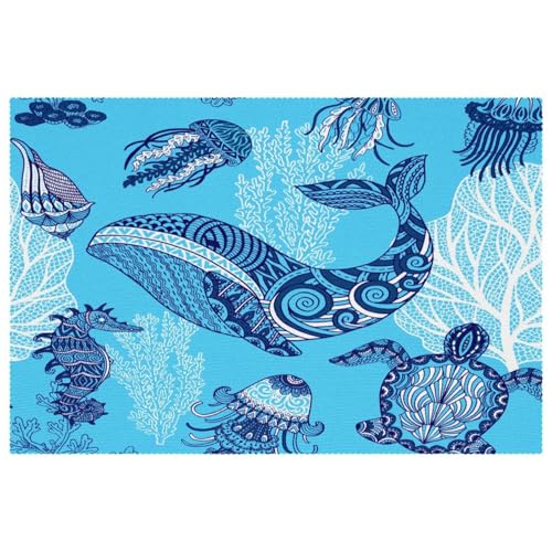 Set de table antidérapant lot de 6 bleu baleine lavable 30x45 cm - 2