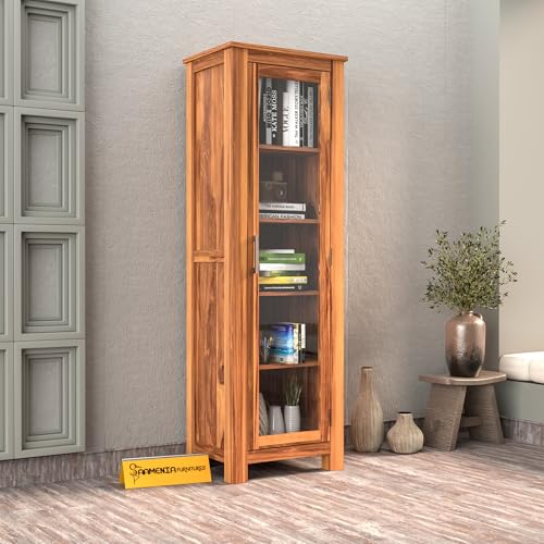 Image of Solid Sheesham Wood Bookshelf with Acrylic Glass Door | Rosewood Kitchen Cabinet with Storage Shelves for Dining Room & Office (A-Natural Finish)