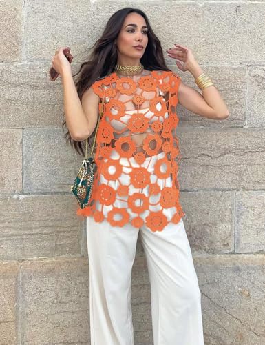 Yimoon Womens Hollow Out Floral Lace Vest Sleeveless Long Crochet Cover Up Crewneck Going Out Tops4