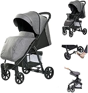 RICCO Baby Foldable Easy Steer Buggy Stroller Pushchair with 3-Position Recline System, 5 Point Harness Seat Belts, Adjustable Front Bumper/Backrest/Footrest/Canopy for 0-3 Years (HR706-GREY)